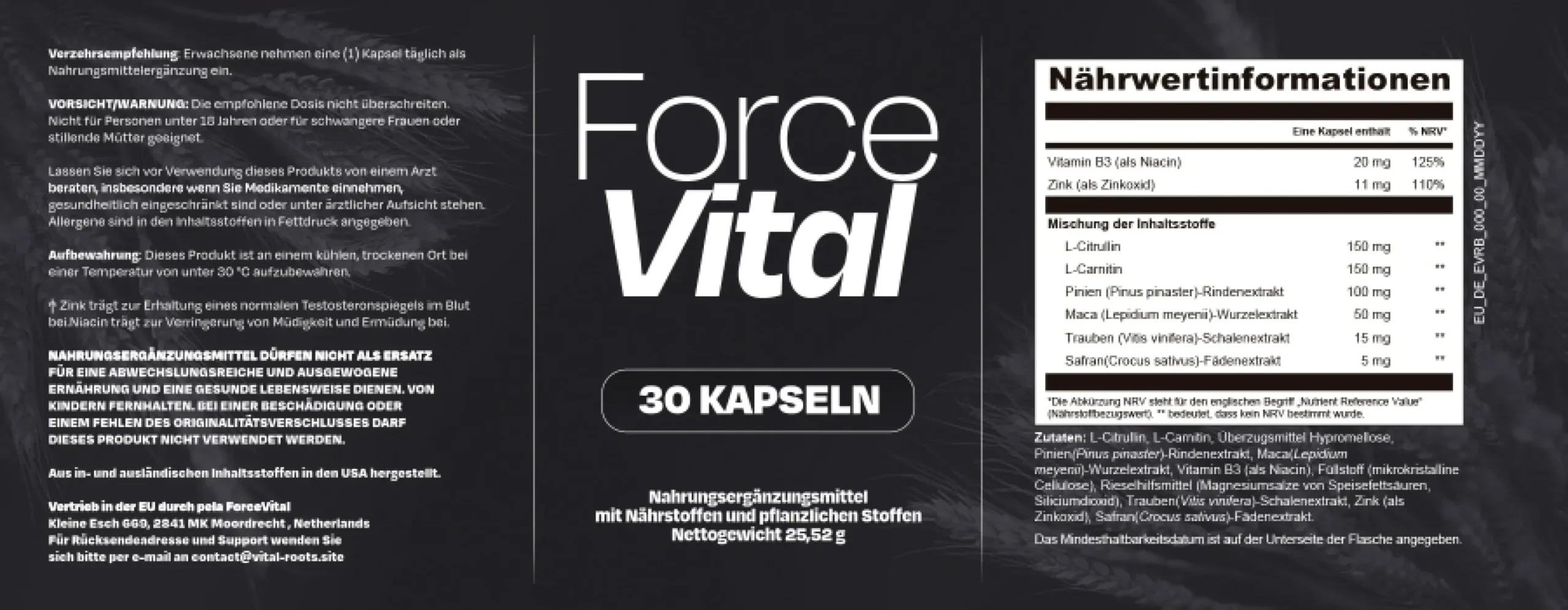 ForceVital Supplement Facts – vollständiges Etikett