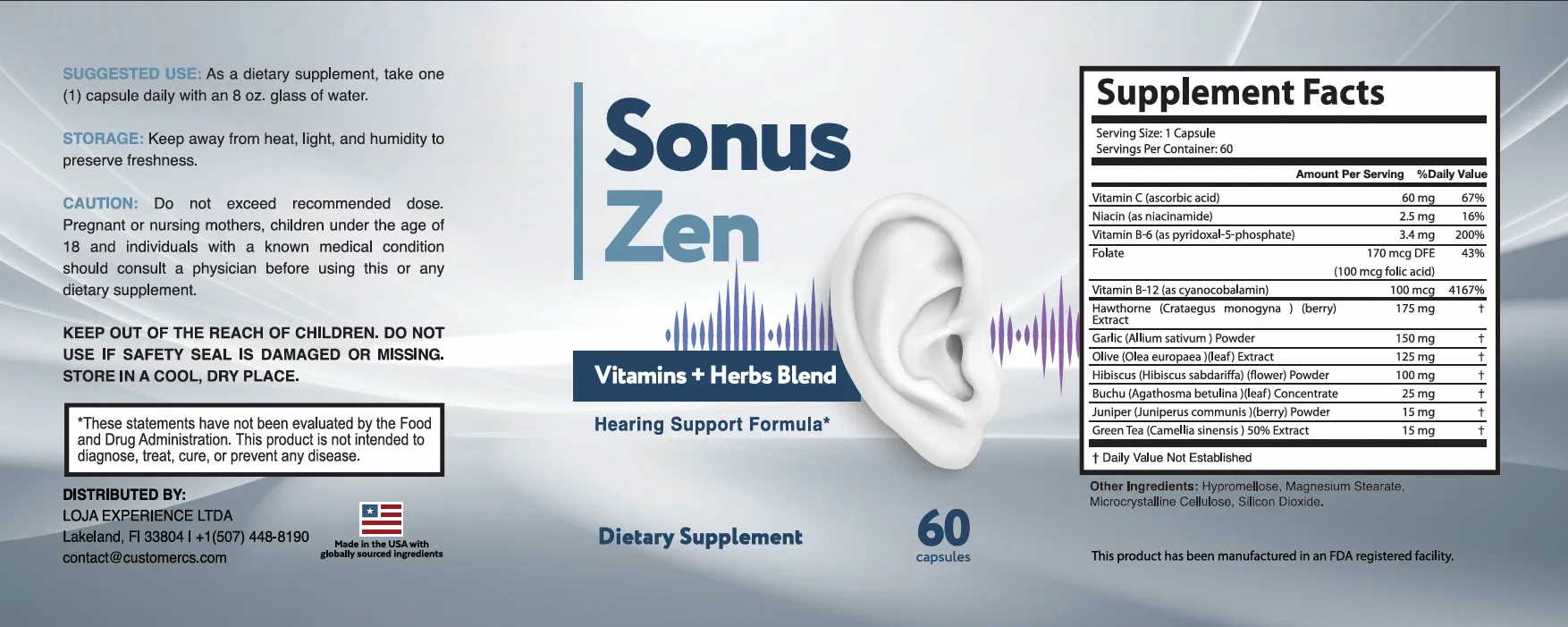 SonusZen supplement facts label