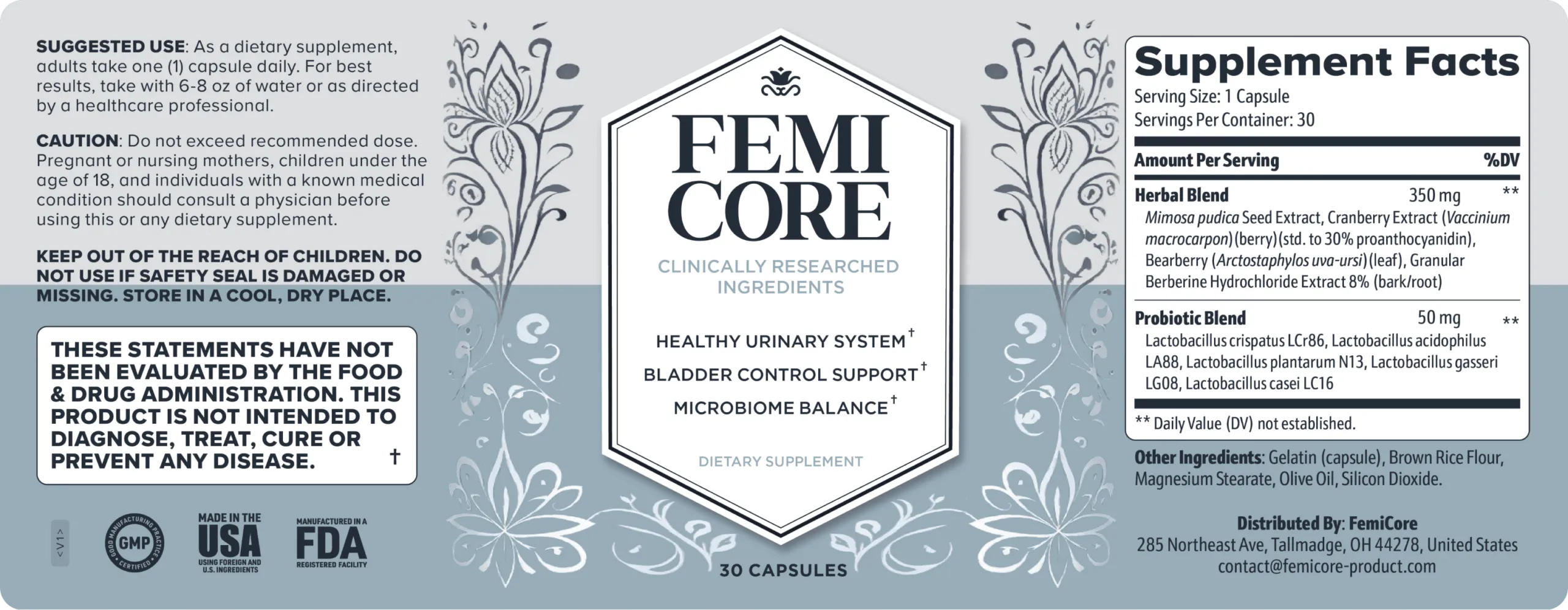 FemiCore supplement facts label